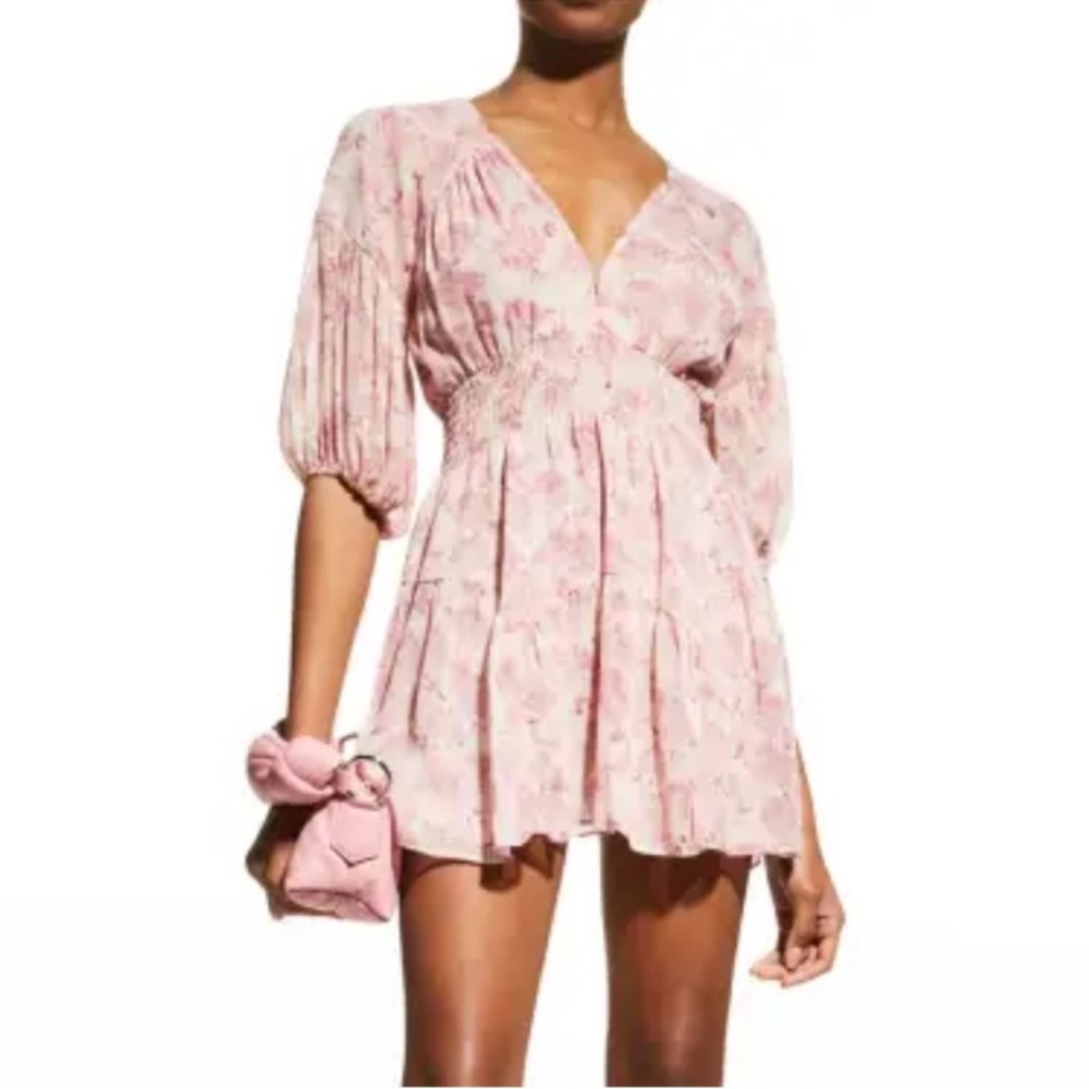 MISA Floral Pink Mini Dress with Puff Sleeves